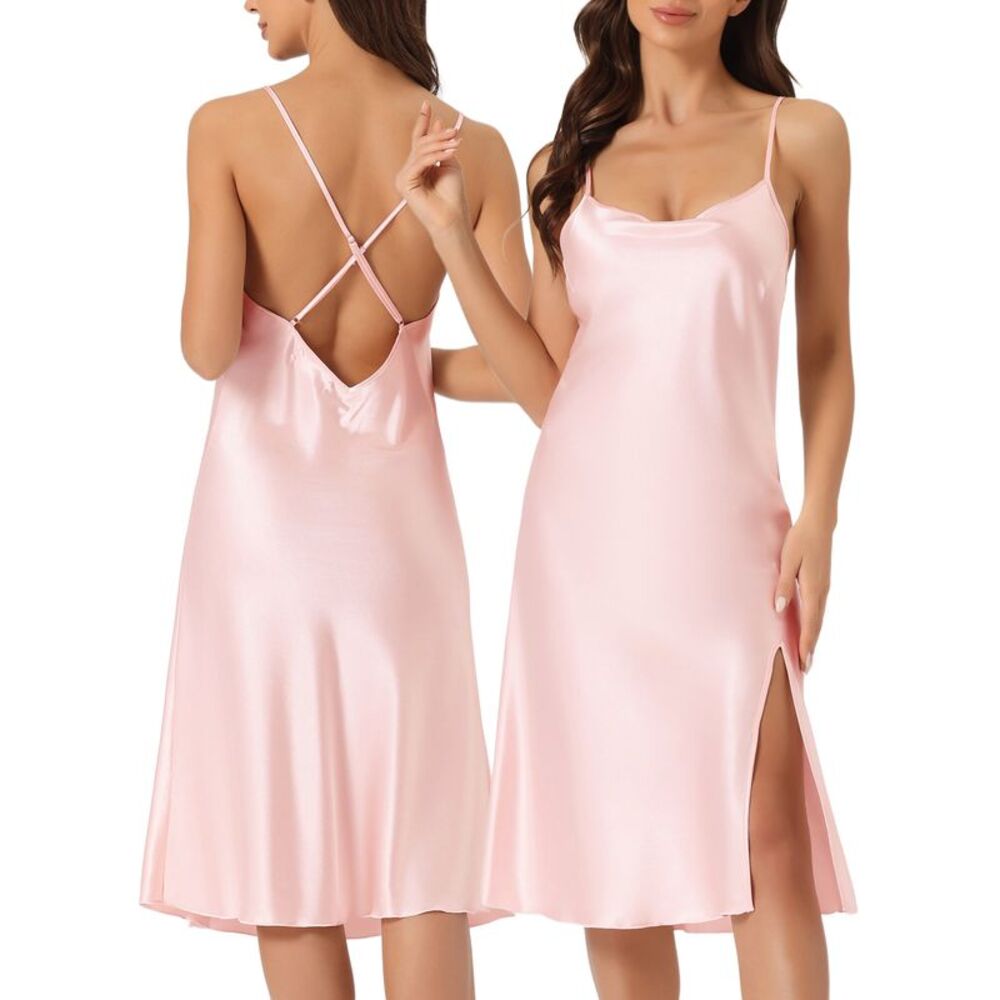 Womens Satin Nightshirt Sleeveless Backless Slit Midi Nightgown Pink